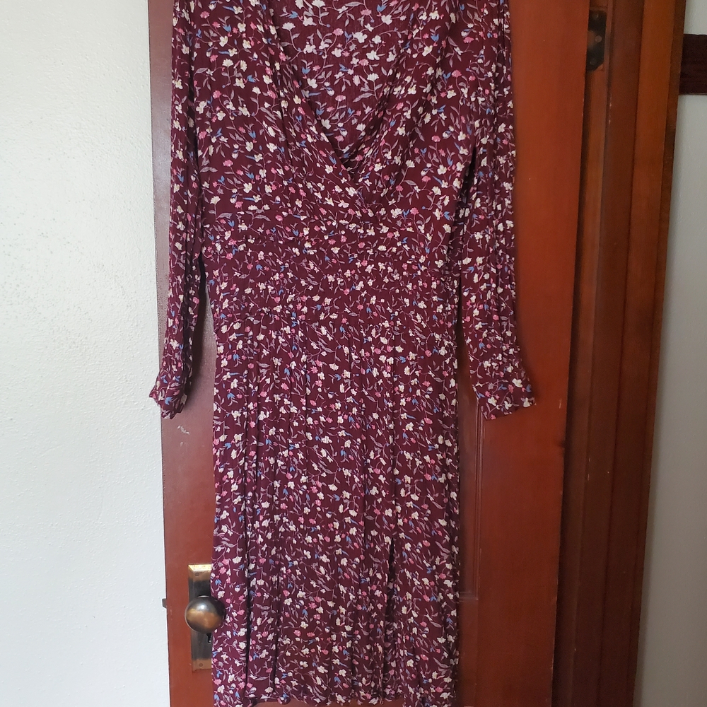Mittoshop Burgundy Floral Long Sleeve Dress with Defined Waist, Lightweight